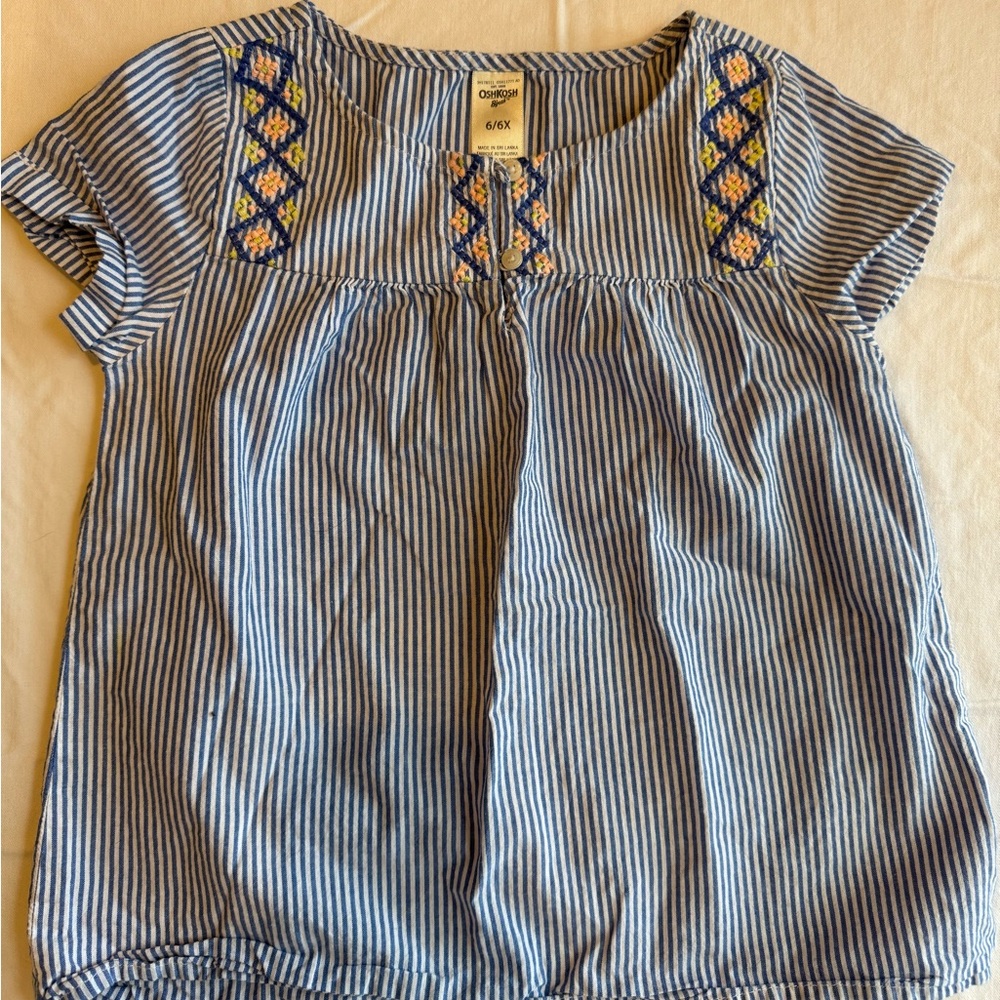 OshKosh B'gosh Navy and White Striped Blouse with embroidered detail